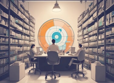 A yellow industrial vehicle is operating at a wood processing facility near a large body of water. Stacks of neatly piled logs are arranged on either side of the vehicle. The water in the background has a vivid blue color.