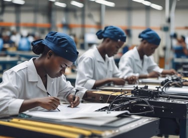 A creative studio space featuring a letterpress and linoprint workshop with printed artworks and tools. Posters with inspirational messages are suspended from the ceiling. A well-organized, artistic workspace with a wooden type cabinet and various paper materials. The room is bright and airy, with a window providing natural light.