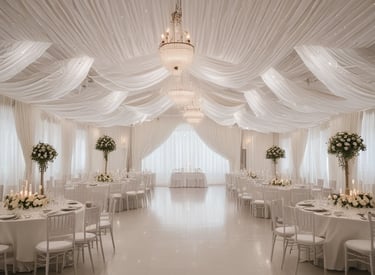 A beautifully decorated banquet hall with elegant lighting and floral arrangements.