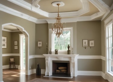 An elegant interior with a curved balcony supported by tall, ornate columns. A large painting hangs on the wall behind the columns, and intricate railings adorn the balcony. The ceiling is decorated with molding, and the stairs feature patterned carpeting.