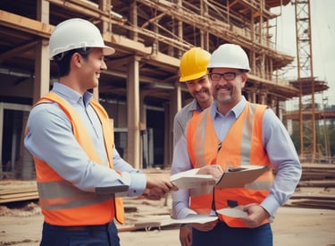A detailed construction scene involving a complex arrangement of metal scaffolding and ladders under a clear sky. The scaffolding is marked with branding and there are several vertical and horizontal support structures. A wooden beam and some construction materials are visible, with sunlight creating shadows across the scene.