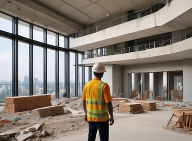 The image depicts a construction site with workers building a small structure made of concrete blocks. There are wooden scaffolding and support beams in place, and the site is surrounded by palm trees, conveying a tropical setting. Construction materials such as blue tarpaulin and concrete blocks are scattered around the area.