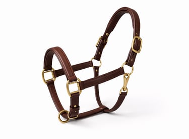 Leather horse halter with durable fittings.