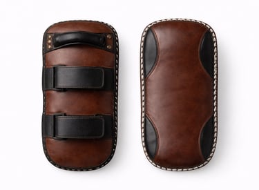 Durable leather kick pads designed to absorb impact during martial arts and combat training.