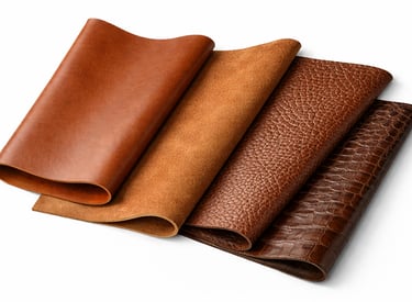 Leather sheets with smooth, textured, and grain finishes.