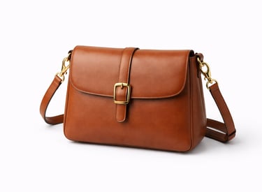 Brown leather shoulder bag with flap closure and adjustable strap