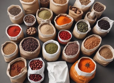 A variety of imported raw materials displayed.
