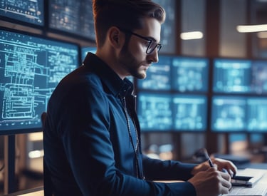 A professional consultant discussing AI strategies with a team in a modern office setting.
