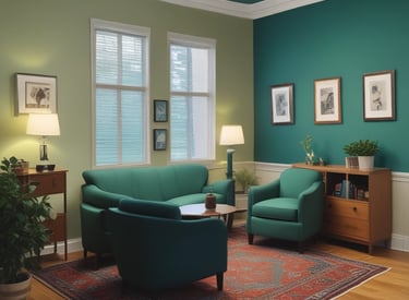 A serene counseling office with comfortable seating and calming decor.