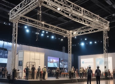 Stage lighting equipment emits vibrant beams of red and blue light, surrounded by a haze that enhances the dramatic effect. The setup includes overhead structures and cables, typical of a professional lighting rig.