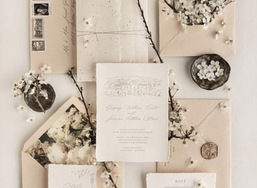 a wedding invitation suite with a floral arrangement of flowers and a vintage envelope