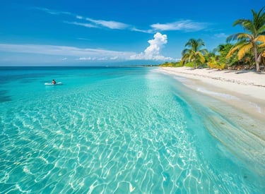A beautiful beach with clear blue water and a kayak on the water