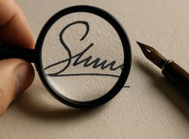 Perito calígrafo verificando la autenticidad de una firma dubitada
