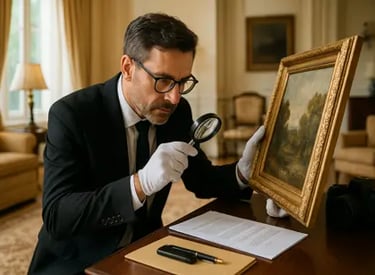 Perito en valoración de contenido examinando una obra de arte