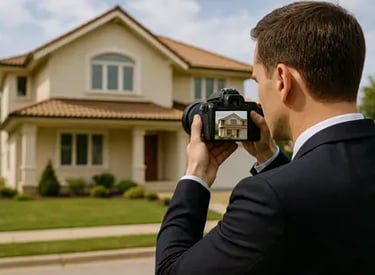 Perito en valoración inmobiliaria fotografiando chalet