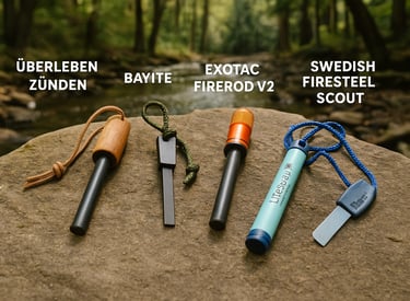 Top fire starters for bushcraft survival laid out in forest: Überleben Bayite Exotac and Swedish Scout