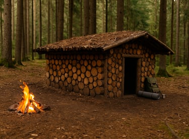 Cordwood survival shelter built from stacked logs in forest