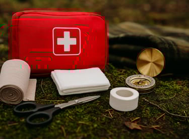 Wilderness first aid kit with medical supplies on forest floor, showing essential gear for outdoor emergencies
