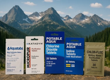 Top water purification tablets for camping shown against mountain backdrop.