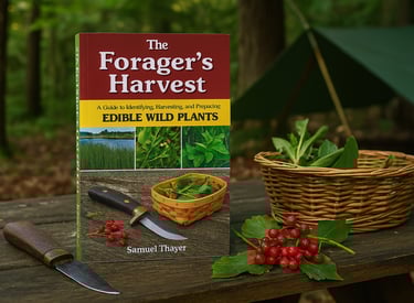 Forager’s Harvest edible wild plants book with berries knife and basket in forest camp