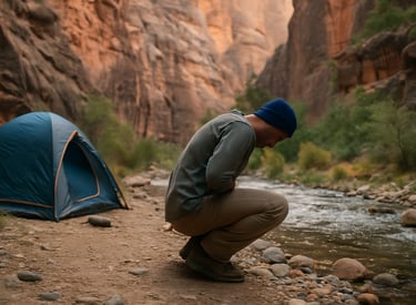 Camper crouched near canyon stream holding his stomach in visible discomfort, near tent in rugged canyon & wilderness setting
