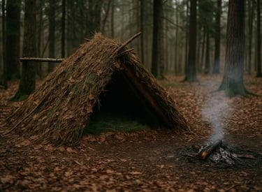 Primitive forest debris shelter with smoldering fire, designed for stealth survival and off-grid living