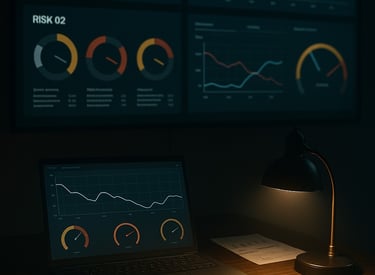 Risk dashboards with warning indicators, representing business failure early warning.