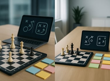 Strategic documents and chess pieces on a table, represent business strategy & innovation.