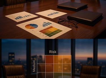 Executive working on laptop with governance reports and analytics on the desk.