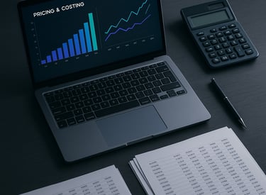 Laptop pricing and costing dashboard with charts reports beside a calculator.