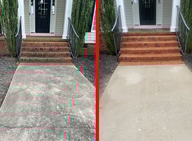 Before and after picture of a concrete path pressure washed.