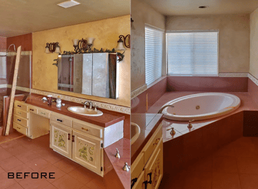 Existing master bathroom with dark red tile and sunk in tub.