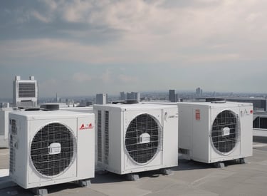 A series of air conditioning units are mounted on a metal structure outside a building with white paneling. Two large windows are visible behind the units, revealing the indoors with fluorescent lighting.