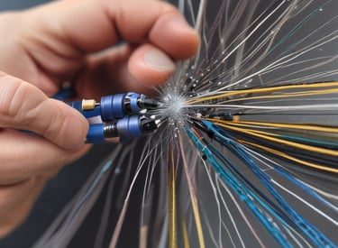 A series of metallic beams with a grid-like pattern creating an architectural structure. The beams intersect at angles, casting shadows and reflecting light, forming a complex geometric design.