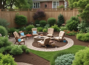 A construction scene with heavy machinery positioned on a street lined with large green trees and bushes. The yellow machines include a skid steer loader and a trencher parked on the road. In the background, there is a house partially obscured by the trees.