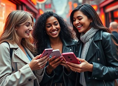three women standing in a Amsterdam Red Light District street with their cell phones