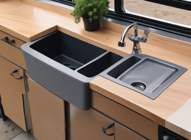 A classic white camper van with a brown stripe is parked on a gravel surface. It has a vintage design, rectangular windows, and a spare tire attached to the back. Trees with lush green leaves are visible in the background, and the sky is clear and blue.