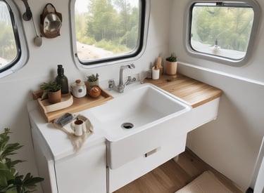 A vintage camper van with a distinctive mountain landscape painted on its exterior. The artwork includes snowy peaks blending into a forest pattern, set against a warm, sunset-colored sky. The van is parked on a grassy field.