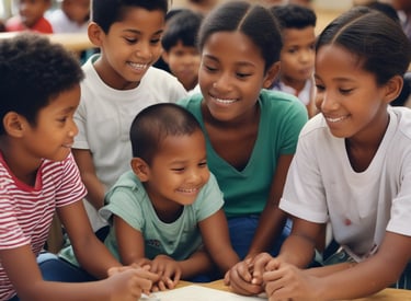 A white Land Cruiser with the World Vision logo is parked on a dirt road. A red motorcycle is nearby, with tropical trees and a simple building in the background, suggesting a rural setting.