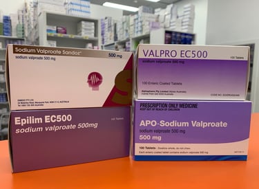 Image of 4 boxes of different brands of valproate in an Australian pharmacy