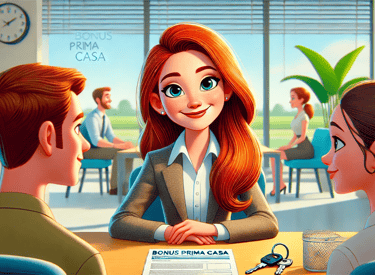 Donna seduta alla scrivania che consegna le chiavi di una casa con il documento 'BONUS PRIMA CASA' in un ufficio cartoon. 