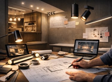 Planung einer individuellen Lichtlösung: Schreibtisch mit Lichtmustern und technischen Plänen