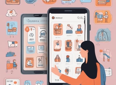 A woman shopping on the Alibaba app surrounded by icons for furniture, apparel, and electronics.