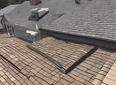 A sloping roof with red tiles experiences heavy rain, creating cascading streams of water flowing down across the eaves. In the background, lush green trees are faintly visible through a misty atmosphere.