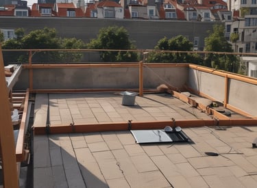 A person is working on a corrugated metal roof, wearing a harness for safety. They appear to be engaged in some kind of maintenance or repair work, holding equipment or tools. The roof is weathered and shows patches of rust and wear.
