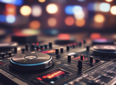 A DJ controller is prominently displayed with illuminated turntables and control knobs, set against a backdrop of vibrant bokeh lights, creating a festive and dynamic atmosphere.