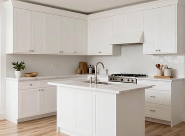 A wooden cabinet with modern design featuring white drawer fronts and wooden handles. The cabinet stands on short legs with a natural wood finish. A blurred figure of a person walks past in the background, creating a sense of motion.
