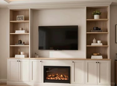 A modern kitchen with sleek white cabinets and a dark stone countertop. Two black pendant lights hang over a central island. There's a built-in oven and a white tile backsplash. A closed cardboard box is on the counter.