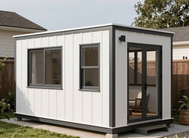 A compact ADU built with modular construction in a backyard setting.
