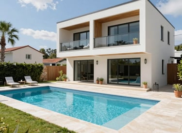 A multi-unit modular development with shared green spaces and modern design.